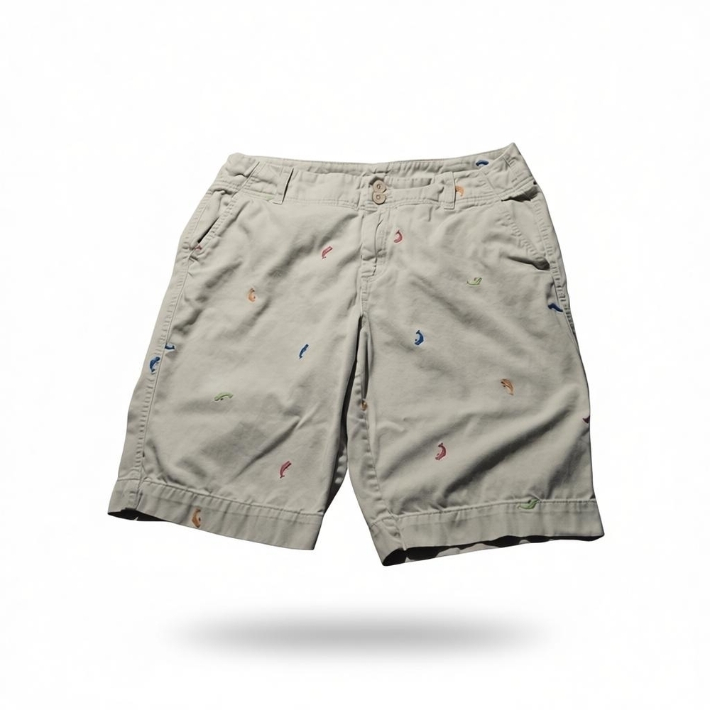 Bamboo Traders Womens 12 Khaki Bermuda Shorts Whales Embroidered Nautical Cotton